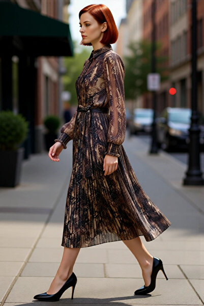 PayBuy Kadın Animal Desenli Şifon Dokuma Midi Elbise Skater Kalıp Astarlı Gömlek Yaka Balon Kol Gipeli