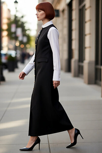 PayBuy Women's Black Gold Button Detailed Maxi Jile Dress Woven Fabric Crew Neck Sleeveless Shift Fit Casual