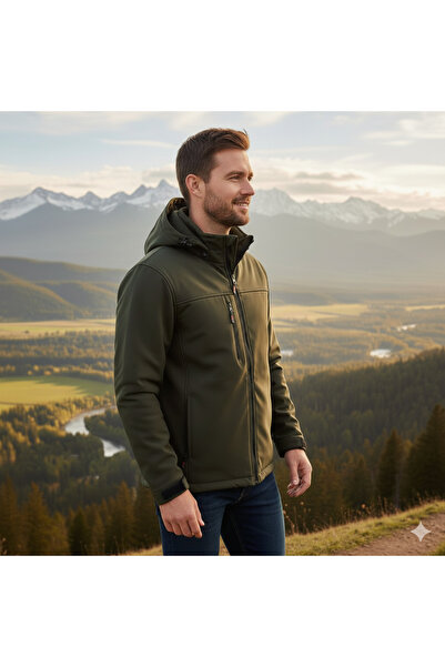 vieso Erkek Softshell Mont Su ve Rüzgar Geçirmez İçi Polarlı Kapşonlu Mont