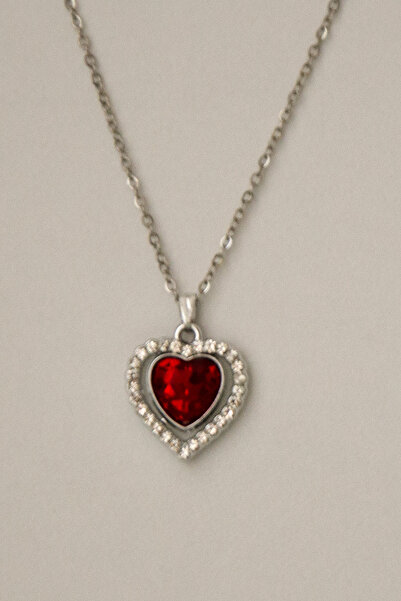 BİJUTERİ EVİ Silver Color Steel Chain Red Heart Stone Women's Necklace