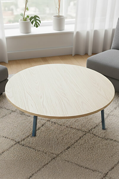 Zevahir Mobilya Dekorasyon Ahşap Mermer Desenli Metal Katlanır Ayaklı Kamp Bahçe Ev için Yuvarlak Yer Sofrası