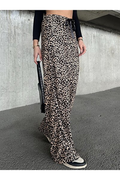eyyebelle Leopar Desenli Süet Kumaş Geniş Paçalı Pantolon