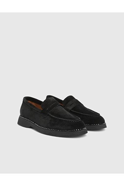 İLVİ Buckle Genuine Suede Leather Black Women's Loafer Shoes