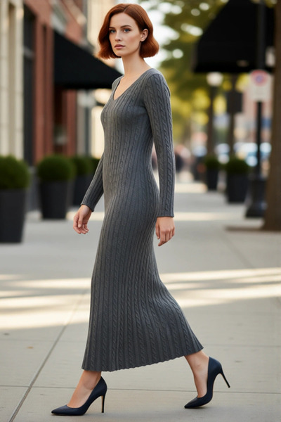 PayBuy Kadın Triko A Line Saç Örgü Desenli V Yaka Maxi Elbise Uzun Kol Kışlık Günlük Şık ve Rahat Kombinler