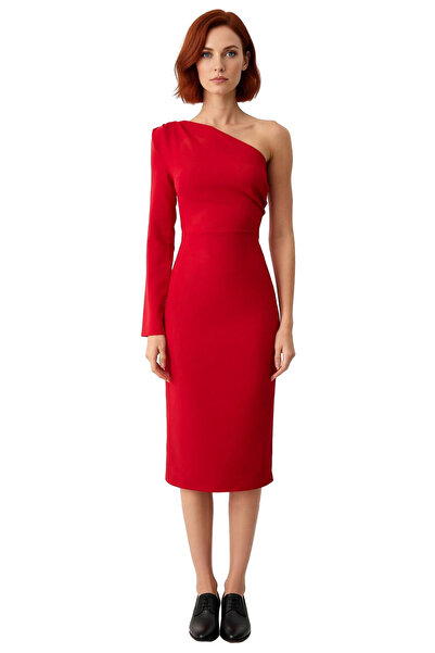 PayBuy Women's Exclusive One-Sleeve Long-Sleeved Bodycon Midi Woven Asymmetrical Neckline Cocktail Dress Elegance