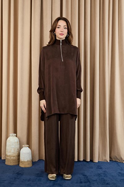 Puane Women's Zipper Detailed Suit - 14403Tkm - Brown