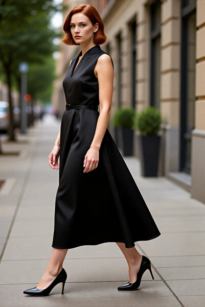 PayBuy Kadın Kemerli V Yaka Skater Siluet Saten Dokuma Maxi Elbise Gece Davet...