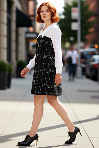 PayBuy Rochie mini din tweed în carouri negre pentru femei, mărime mare, cu g...