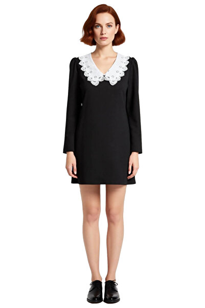 PayBuy Women's Black A-Line Long Sleeve Woven Mini Dress Stylish and Modern with White Embroidery Detail Collar