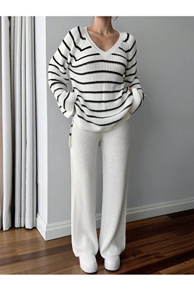STF MODA Thessaloniki Striped V-Neck Knitwear Set