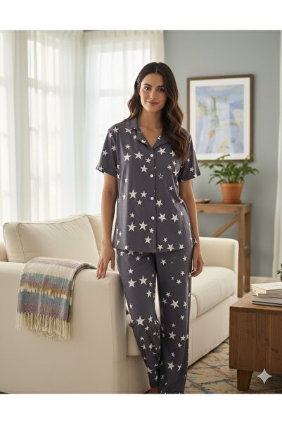 FAMES PİJAMA Women's Star Button Detail Paddy Set