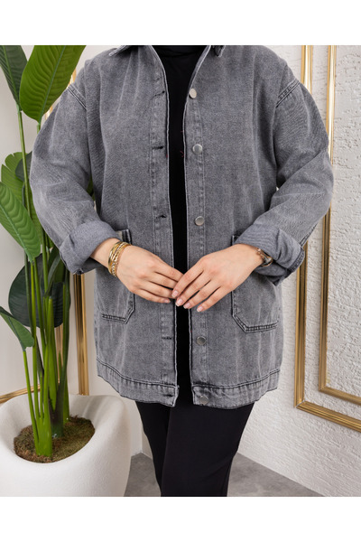 Hb Harma Time Butik Women's Buttoned Dark Gray Denim Jacket with Pockets