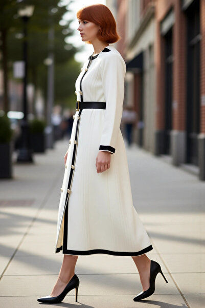 PayBuy Kadın Ekru Kemerli Ceket Yaka Düz Uzun Kollu Triko Maxi Elbise Akrilik Kış Koleksiyonu Şıklığı