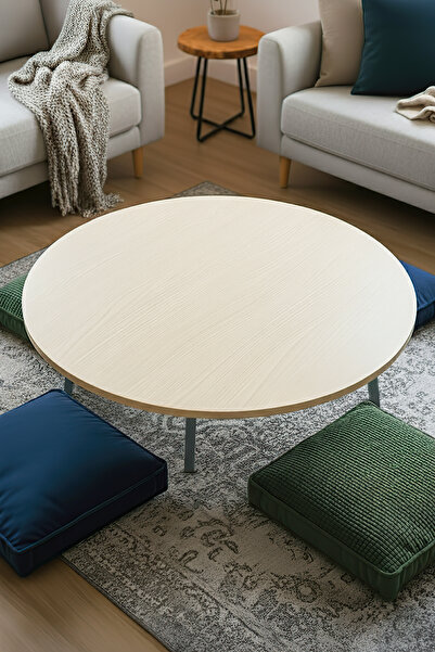 Zevahir Mobilya Dekorasyon Ahşap Mermer Desenli Metal Katlanır Ayaklı Kamp Bahçe Ev için Yuvarlak Yer Sofrası