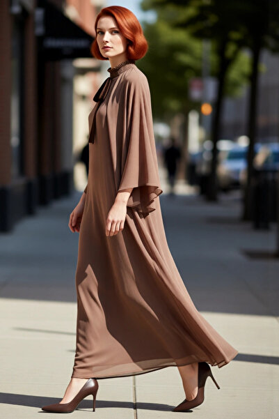 PayBuy Kadın A Kesim Vizon Pelerin Detaylı Maxi Elbise Dik Yaka Uzun Kollu Şi...