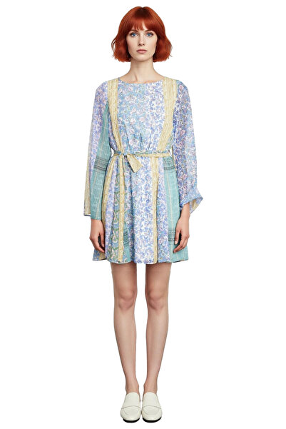 PayBuy Kadın Çok Renkli Patchwork Baskılı Bisiklet Yaka Mini Elbise Skater Kalıp Şifon Dokuma Kumaş