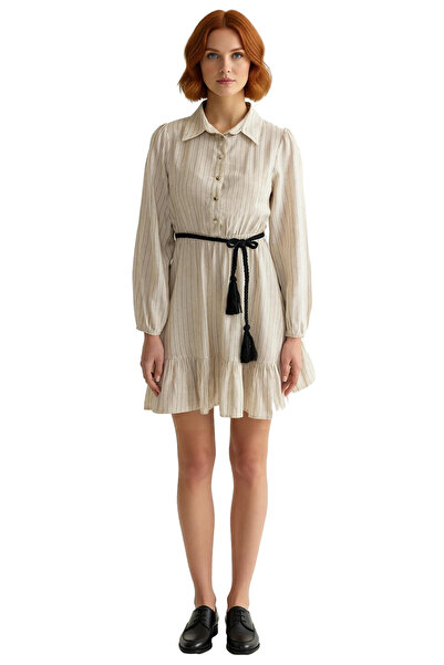 PayBuy Women's Striped Linen Look Shirt Collar Buttoned Skater Fit Long Sleeve Mini Dress Casual