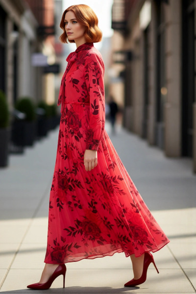 PayBuy Kadın Çiçek Desenli Piliseli Şifon Maxi Elbise Uzun Balon Kollu Boyund...