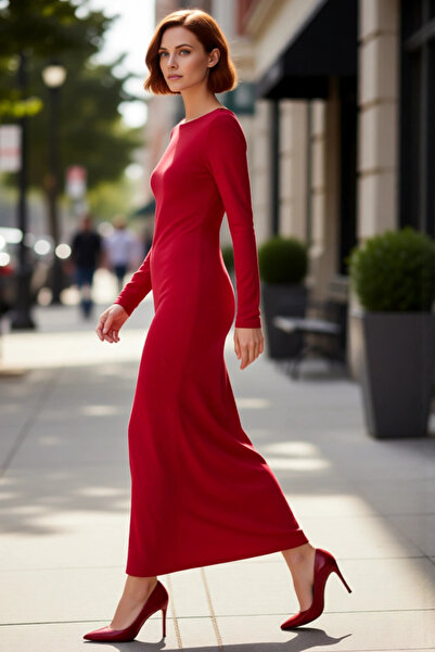 PayBuy فستان نسائي طويل بأكمام طويلة وياقة قارب منسوجة من قماش ساندي أنيق لحف...