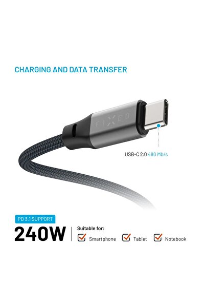 Other FIXED Magnetic Braided Cable USB-C/USB-C, 2m, USB 2.0, 240W, gray