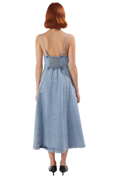 PayBuy Summer V-Neck Suspender Midi Denim Dress for Women 100% Cotton Straight Skirt with Ruffles Stylish Design