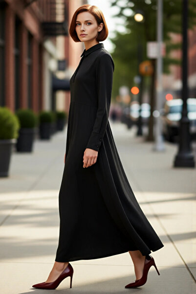 PayBuy فستان نسائي طويل بأكمام طويلة وياقة قميص وأزرار، فستان غوص محبوك بطول ...