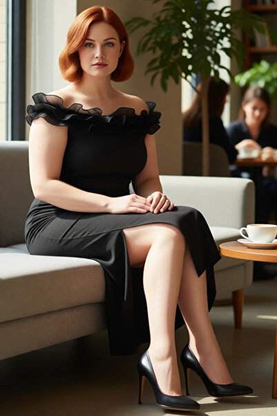 PayBuy Kadın Büyük Beden A line Kesim Düz Desen Kolsuz Fırfırlı Carmen Yaka Maxi Elbise Şık Davetler İçin