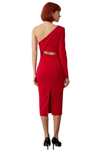 PayBuy Women's Exclusive One-Sleeve Long-Sleeved Bodycon Midi Woven Asymmetrical Neckline Cocktail Dress Elegance