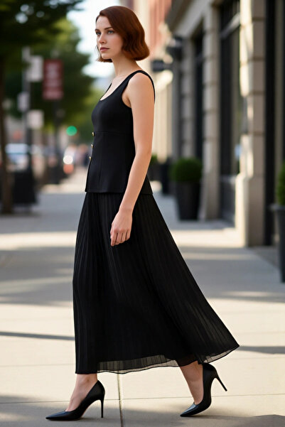 PayBuy Women's A-Line Square Neck Sleeveless Pleated Midi Dress Stylish Gold Buttoned Lined Modern Design