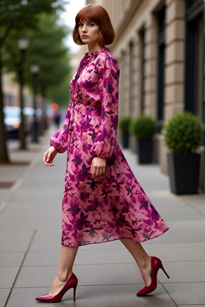 PayBuy Γυναικείο ροζ φλοράλ σιφόν φόρεμα μίντι με δεμένο γιακά με μακριά μανί...