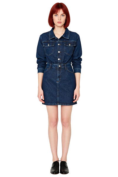 PayBuy Women's Denim Mini Shirt Dress Long Sleeve Lapel Stylish and Casual Style with 100% Cotton Texture.