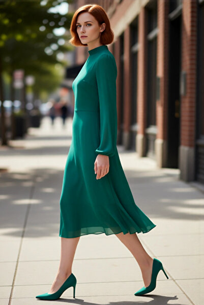 PayBuy Kadın Şık A Kesim Uzun Balon Kollu Dik Yaka Midi Boy Şifon Dokuma Asta...