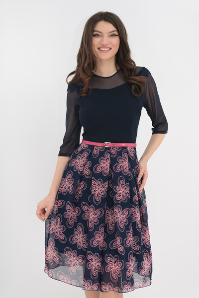 Vanessa Line RO Rochie eleganta bleumarin cu pliuri si flori roz