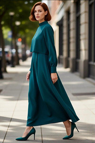 PayBuy Rochie maxi țesătă în linie A cu model simplu pentru femei guler ridic...