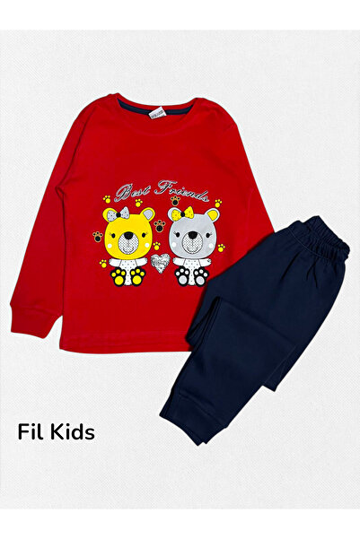 Fil Kids Kız Çocuk %100 Pamuklu Kırmızı Best Friend Ayıcık Desenli Uzun Kollu Kışlık Pijama Takımı