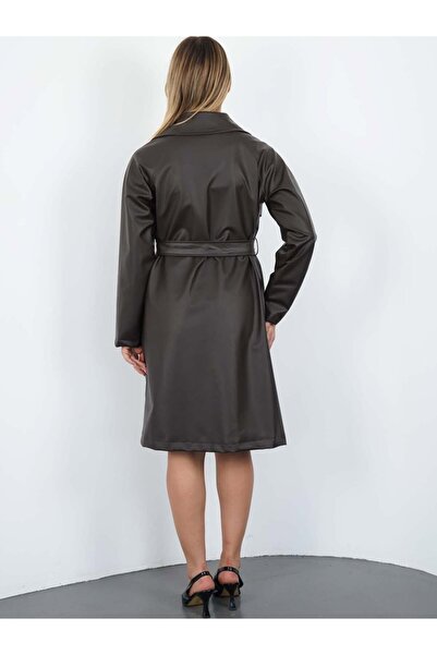 ModaLavida Düğmeli Kuşaklı Astarlı Midi Boy Deri Trençkot