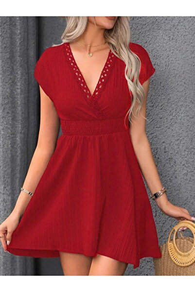 Adora Moda Rochie de damă cu mâneci scurte, cu guler dublu, cu talie elastică