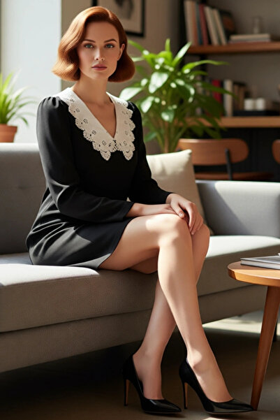 PayBuy Women's Black A-Line Long Sleeve Woven Mini Dress Stylish and Modern with White Embroidery Detail Collar