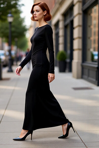 PayBuy فستان نسائي طويل بأكمام طويلة وياقة قارب منسوجة من قماش ساندي أنيق لحف...