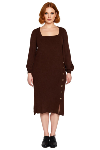 PayBuy Kadın Fitilli Bodycon Midi Triko Elbise Uzun Kollu Kare Yaka Düğme Detaylı Yırtmaçlı Kaliteli