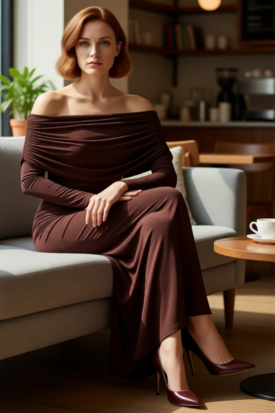 PayBuy Kadın Bodycon Kahverengi Uzun Kol Carmen Yaka Maxi Elbise Şık Akşam Davetleri İçin İdeal Kaliteli