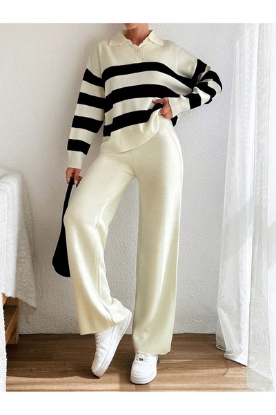 STF MODA Shirt Collar Single Button Striped Knitwear Set