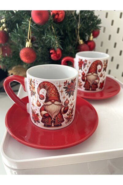 By Selen Suyolcu Gnome Printed Handmade Christmas Turkish Coffee Cup - 2 Pcs