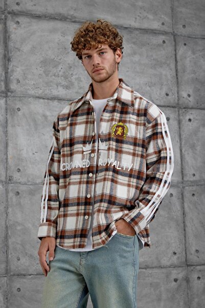 NOMARC Καφέ ριγέ Πουκάμισο Ξυλοκόπος oversized με καρό