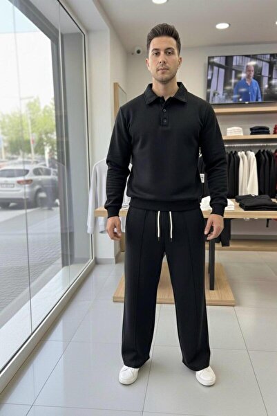 CAST COLLECTİON Men's Black Cotton Baggy Bottom Buttoned Sweat Suit