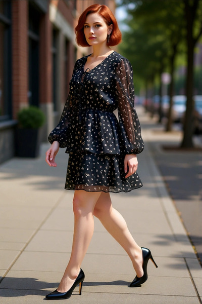 PayBuy Kadın Büyük Beden Çiçek Desenli Şifon Dokuma Mini Eteği Fırfırlı Uzun Balon Kol Skater Elbise