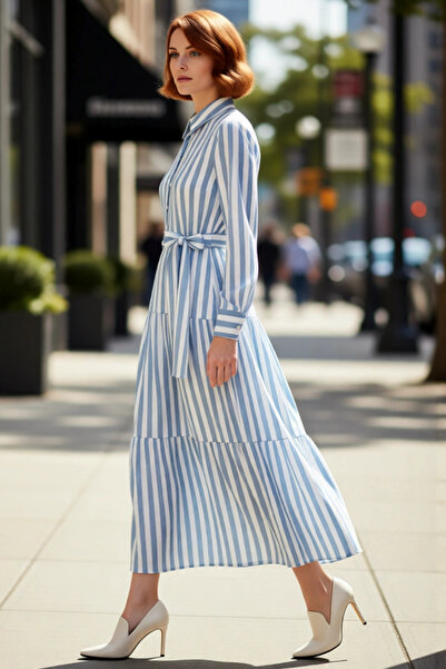 PayBuy فستان نسائي طويل بأكمام طويلة وياقة قميص مخططة مع حزام منسوج للربيع وا...