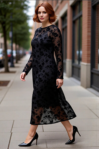 PayBuy Rochie de damă neagră cu flori în linie A, lungă, din tul, cu mâneci l...