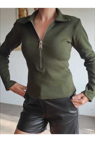 Bebeplus Polo Collar Shoulder Pad Pack Corded Fabric Zipper Detail Ribbed Knit Blouse