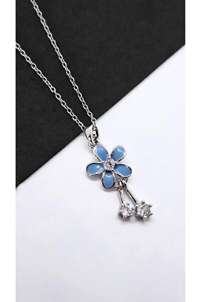 Serenity قلادة من الفولاذ على شكل زهرة الأقحوان مع حجر أزرق متدلي
